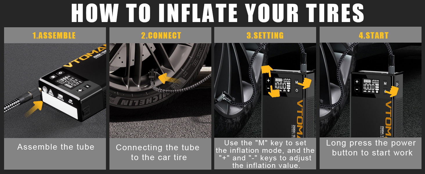 How to pump your car by VTOMAN X1 jump starter with air compressor