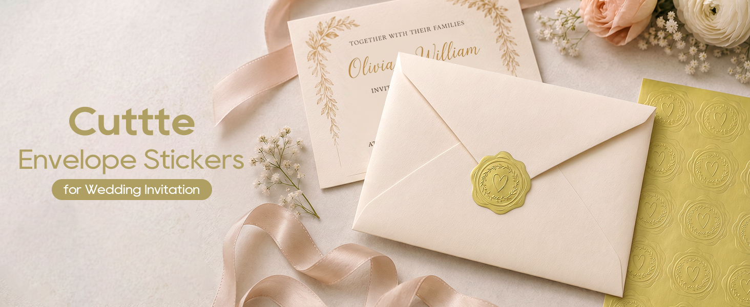Gold Embossed Heart Envelope Stickers for Wedding Invitation