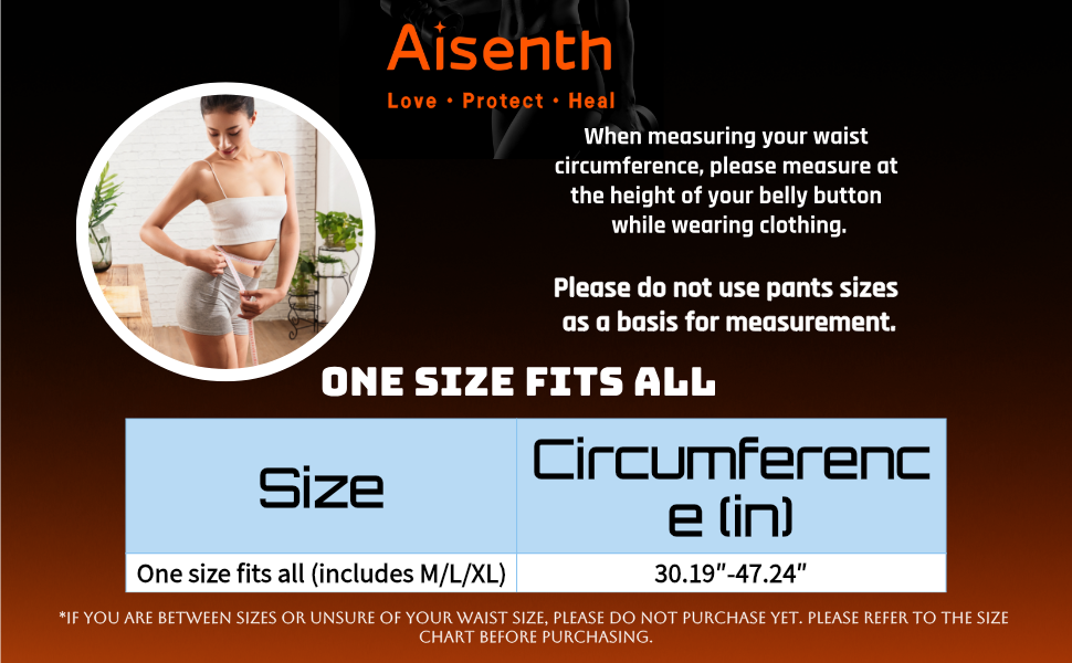 Aisenth lumbar support is suitable for waist sizes ranging from 30.19 inches to 47.24 inches.