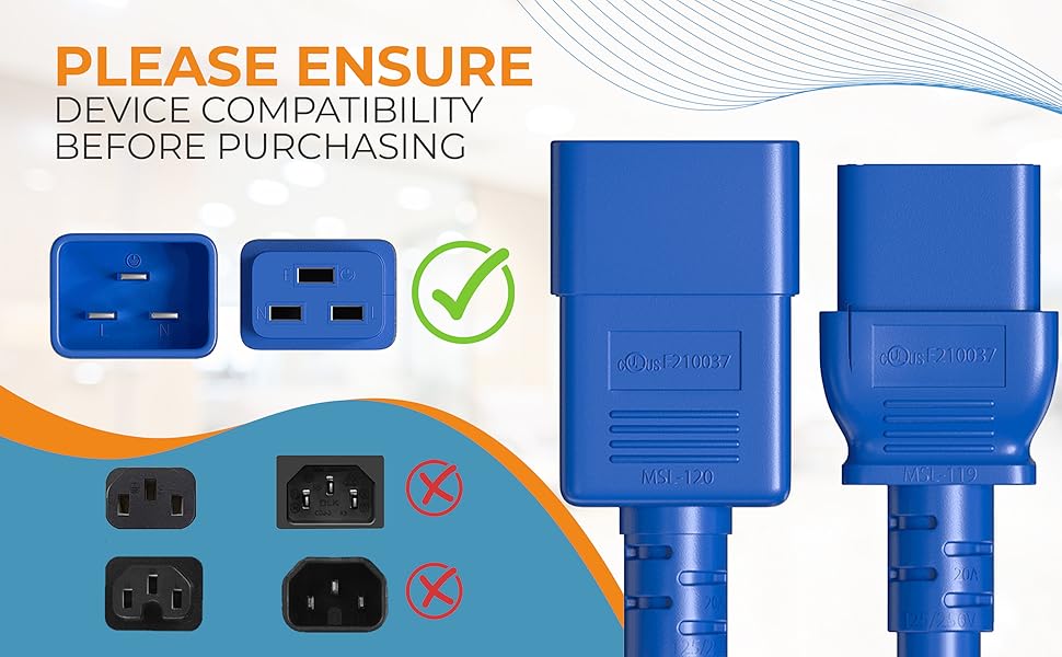IEC320 C20 to C19 Heavy Duty Extension Power Cord, 12AWG, SJT, 20A/250V
