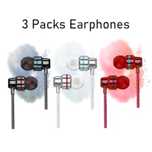 Three pairs of in-ear headphones in black, white, and red. Text above reads '3 Packs Earphones'. Each pair shown against a colored background splash.
