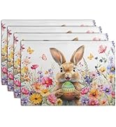 Wnoesat Easter Rabbit Placemats Set of 4 Spring Bunny Colorful Egg Wildflower Place Mat 12x18 Inc...