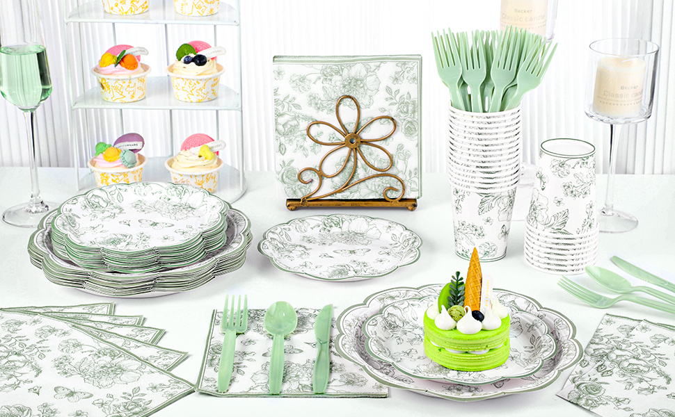 sage green floral plates