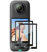 360-degree camera with large spherical lens and touchscreen display. Two protective screen covers shown. Device has compact, portable design for capturing immersive video content.