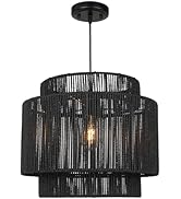 Rosient 16 Inch Large Natural Simple Hand Weaved Rattan Pendant Lamp, Coastal Beach Black Rope Ha...