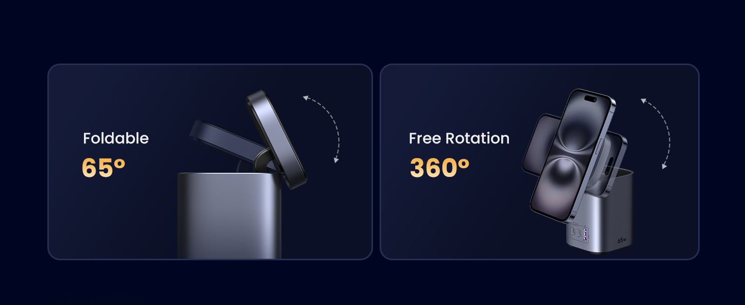65W GaN Charging Station 3-Port with 15W Qi2 Wireless Charger Stand