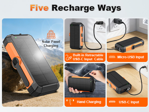 solar battery pack offers 5 input methods:charge via solar power, a wall outlet , or the hand crank.