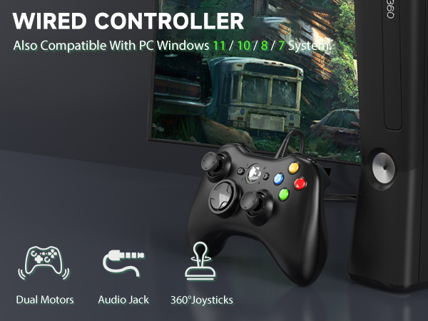 YAEYE wired controller for Xbox 360 with dual motors, audio jack, for PC Win 11/10/8/7