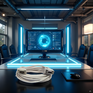 A sleek and modern workspace with the product neatly arranged on a minimalist desk.