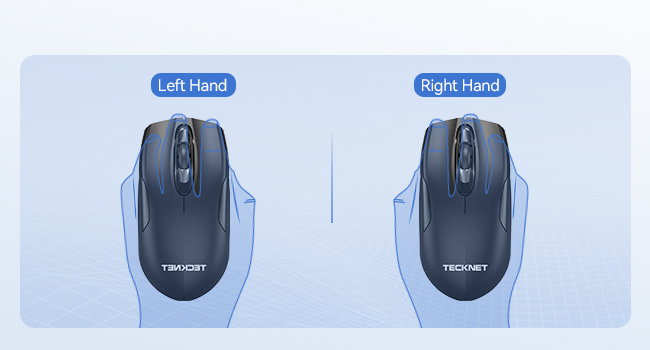 Two identical black computer mice labeled for left and right hands. Each mouse has multiple buttons and a scroll wheel, branded with 'TeckNet' on the body.