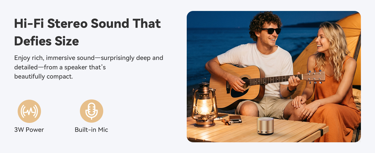 Text reads 'Hi-Fi Stereo Sound That Defies Size' with tagline about immersive sound. Shows compact speaker device with specifications '3W Power' and 'Built-In Mic' alongside photograph of man playing guitar outdoors.