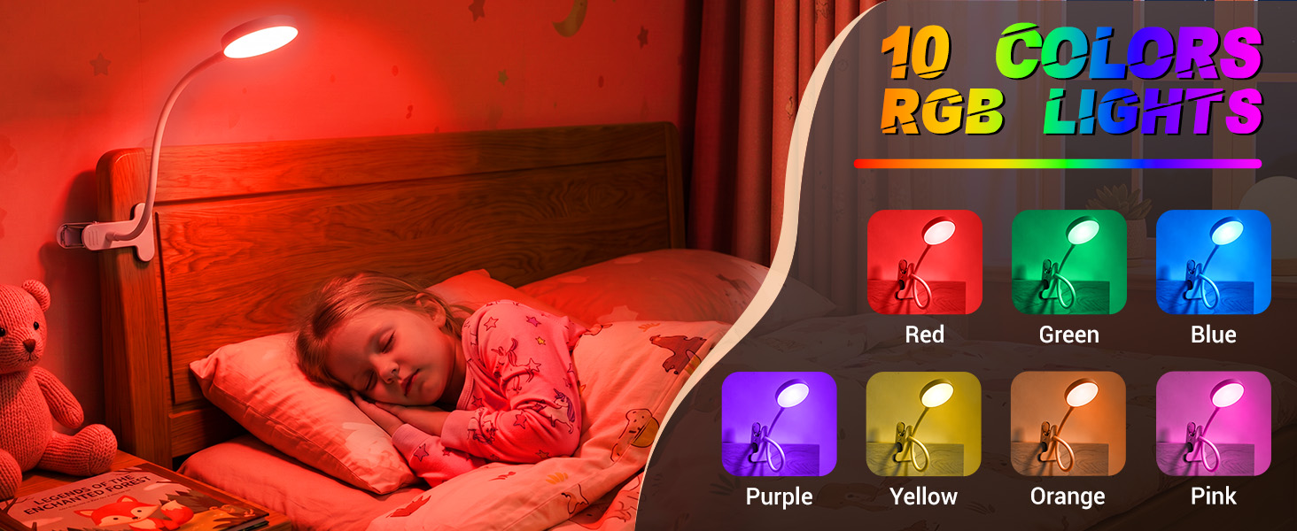Clip on Lamp,10 RGB Colors+10 Brightness Clamp Light