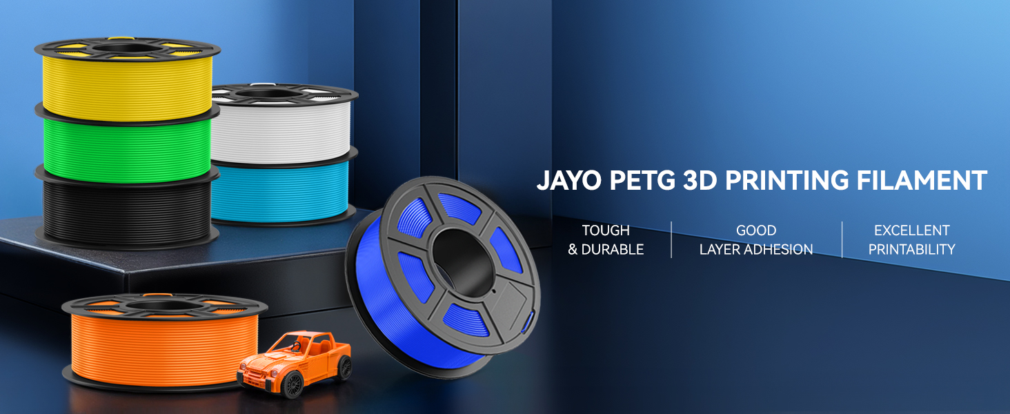 JAYO PETG 3D printing filament spools displayed in various colors including orange, green, yellow, blue, and black.
