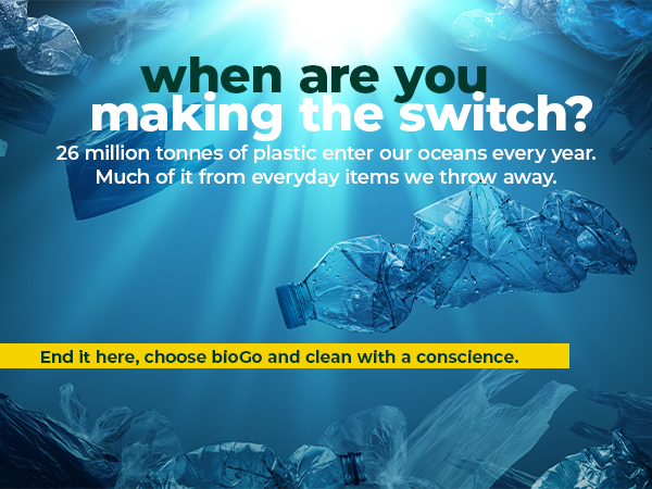Text reads 'when are you making the switch?' and 'Much of it from everyday items we throw away' over an underwater scene showing plastic waste. Text mentions '29 million tonnes of plastic enter our oceans every year'