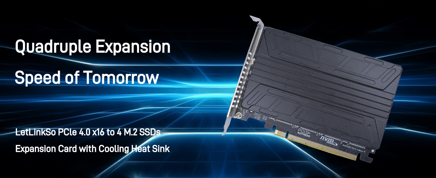 LetLinkSo Gen4 PCIe 4.0 x16 M.2 Expansion Adapter Card 4 Ports NVMe SSDs M Key with Heat Sink