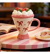 DIF DECO Christmas Coffee Mug with Lid, 8 OZ Ceramic Cute Pink Strawberry Cake Shape Unique Xmas ...