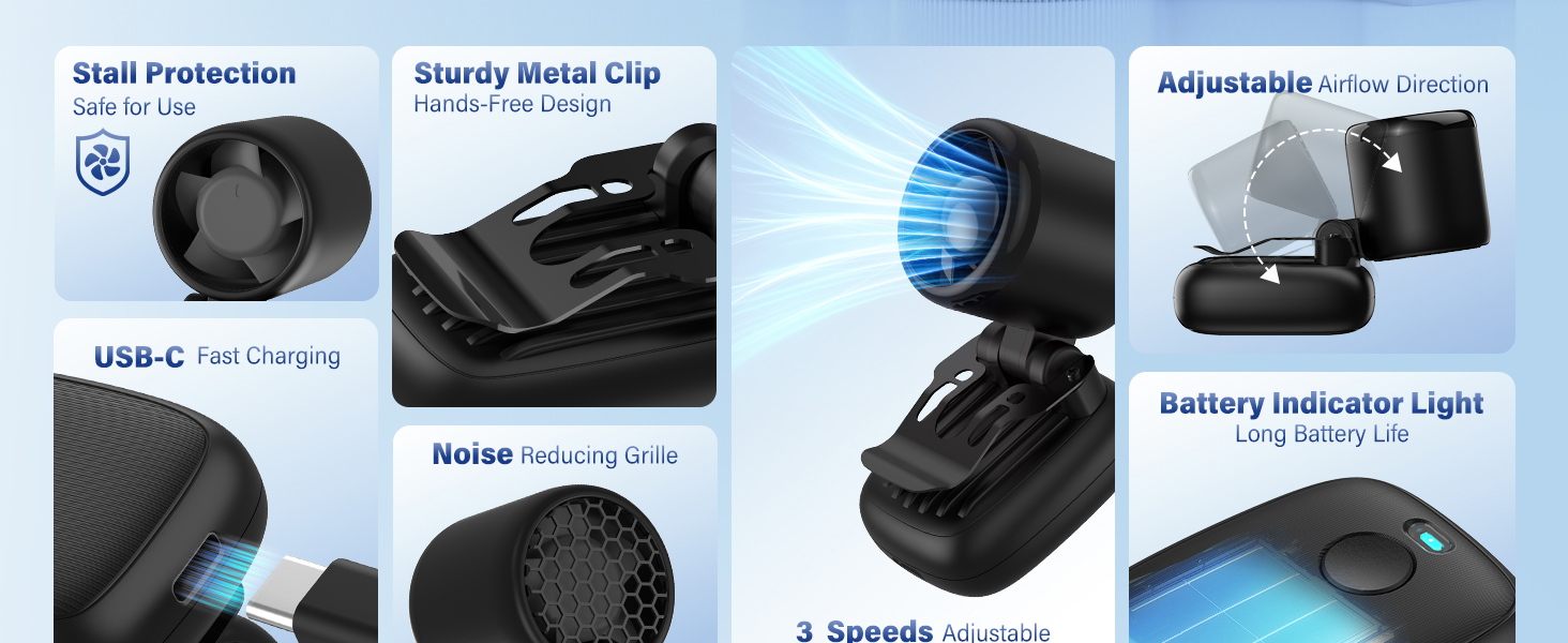 Mini fan with USB-C fast charging adjustable airflow and sturdy metal clip for stability in motion