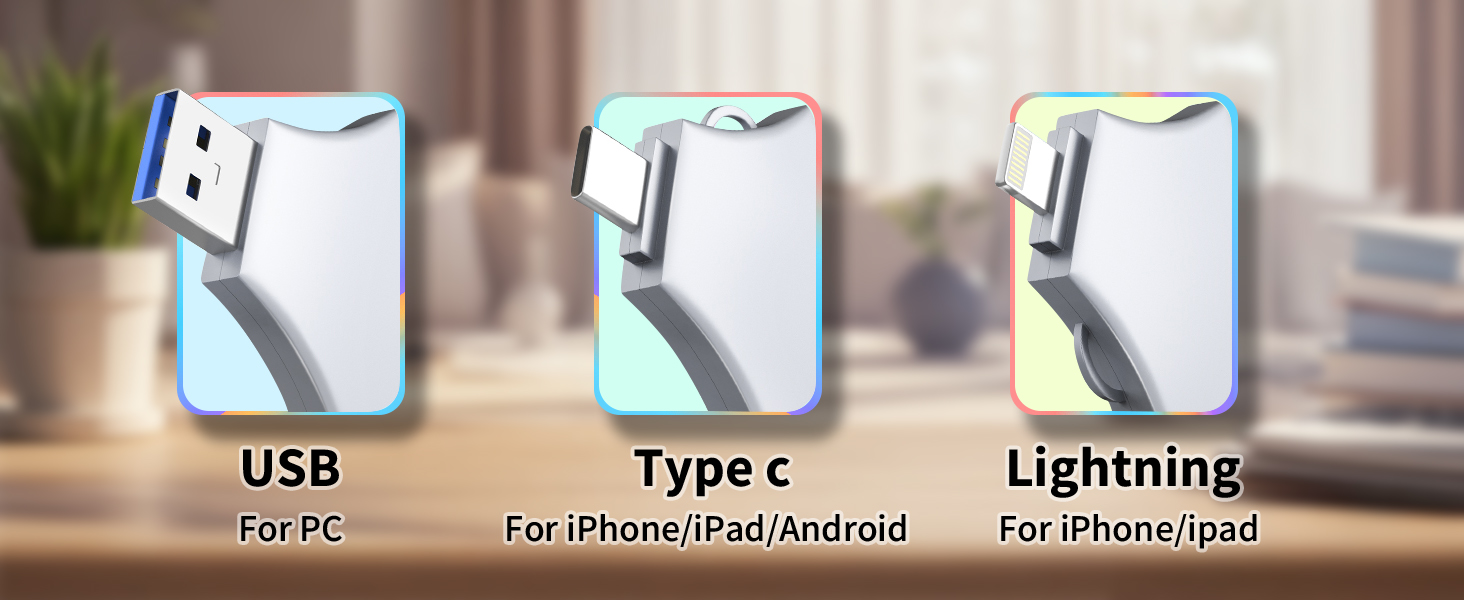 USB 3.0 Flash Drive for iPhone 256GB: MFi Certified 3in1 External Memory Photo Keeper Storage Stick