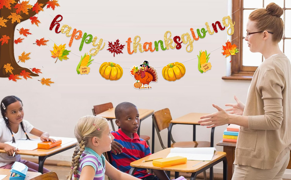 Thanks Giving Party Decoration Glitter Turkey Pumpkin Maple Leaves Banner for Thanksgiving 