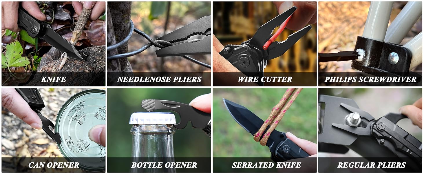Multitool functions knife needle-nose pliers wire cutter Phillips screwdriver bottle and can opener