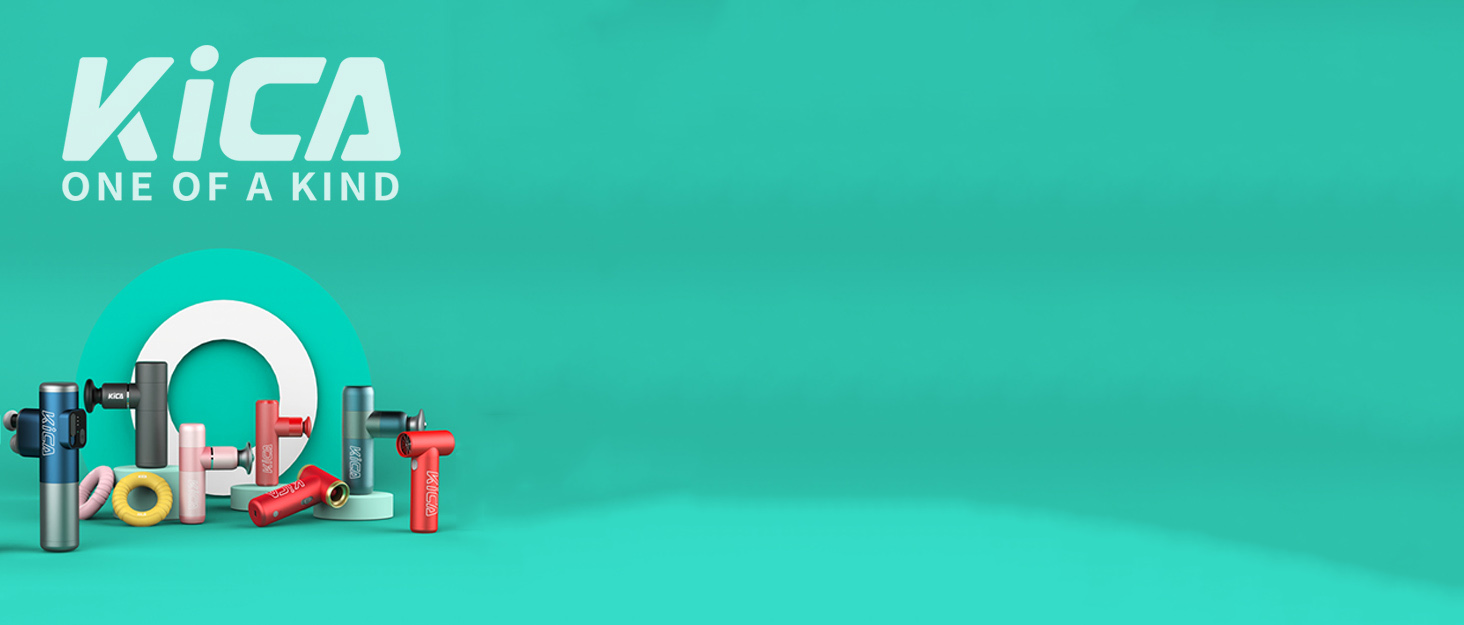 Various small tools and components arranged in a semicircle, including cylindrical objects, a hook-shaped item, and round discs, on a teal background with 'KICA' logo.
