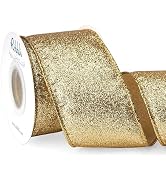 Ribbli Gold Glitter Wired Ribbon with Gold Metallic Edge,Christmas Ribbon for Wreath, Tree Decora...