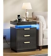 CHOEZON Black Nightstand with Charging Station, LED Modern Bedside Table with 3 Fluted Drawers an...