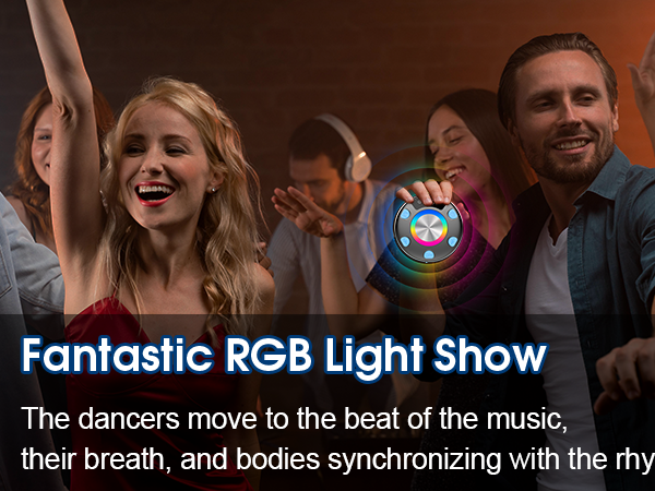 Text reads 'Fantastic RGB Light Show'. Indoor party scene showing people dancing and enjoying colorful lighting effects.