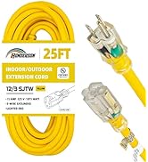 HONDERSON 25FT 12/3 Lighted Outdoor Extension Cord - 12 Gauge 3 Prong SJTW Heavy Duty Yellow Exte...