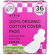 Pixie Organic Cotton Ultra Thin Overnight Pads for Women - Extra Heavy Absorbency with Wings - Le...