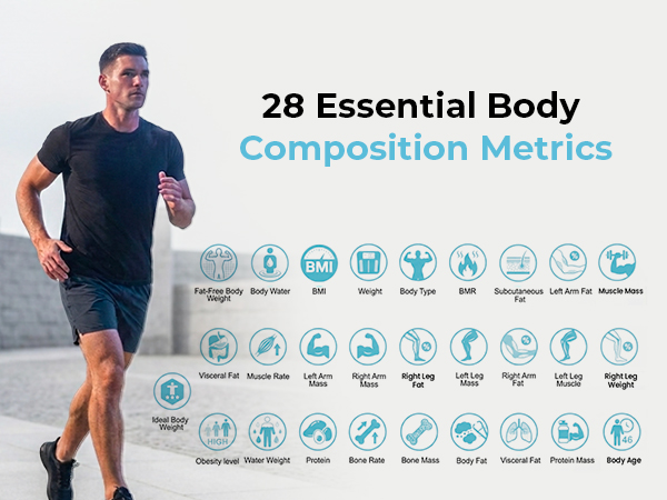 A man runs, with 28 body metrics from a body fat scale shown on the right.