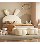 HXERY Full Size Upholstered Platform Bed with Cartoon Ears Shaped Headboard and Light (Beige)