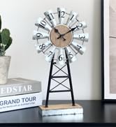 Rustic Farmhouse Metal and Wood Windmill Table Clock, Decorative Desk and Shelf Clock for Home, K...