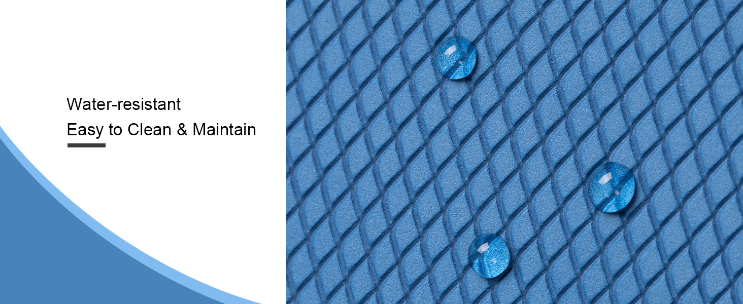 Close-up of blue textured material with water droplets, demonstrating water-resistant properties. Text indicates it's easy to clean and maintain.