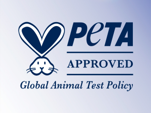  Navy Blue Peta Approved Bunny Logo against light blue gradient background. 