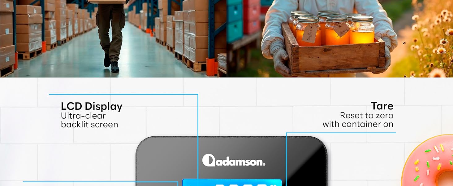 Text visible: 'bekomon'. Collage of warehouse or industrial settings showing various product handling and logistics operations with bright lighting.