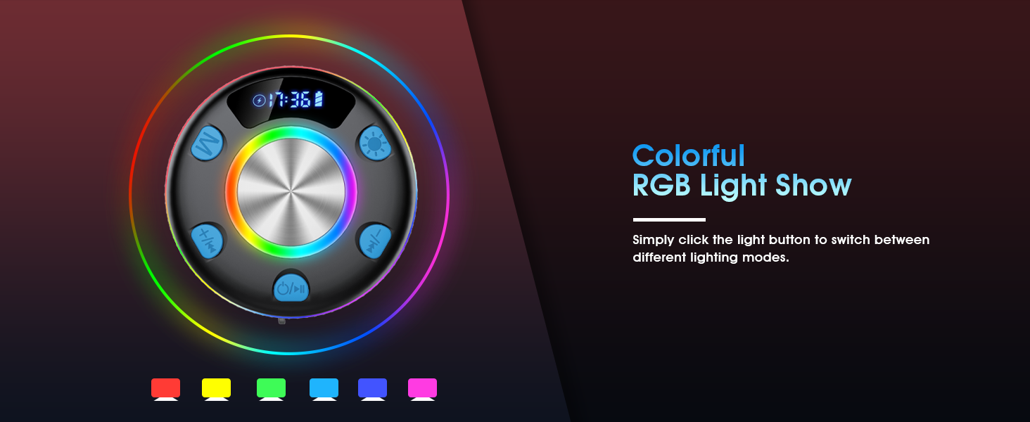 Text reads 'Colorful RGB Light Show'. Circular LED light device showing rainbow color spectrum and multiple lighting modes.