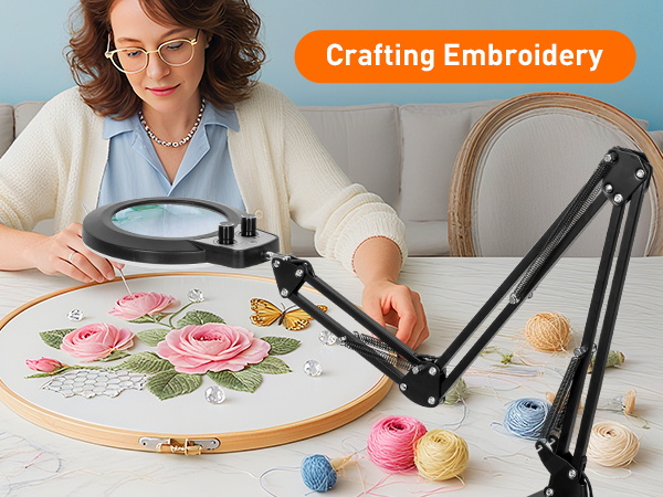 Sewing, cross-stitch magnifying glass with light hands free magnification of details 