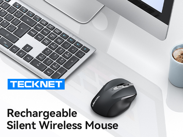 TeckNet rechargeable wireless mouse in black, displayed on white desk surface alongside keyboard and coffee cup. Features ergonomic design and silent click technology.