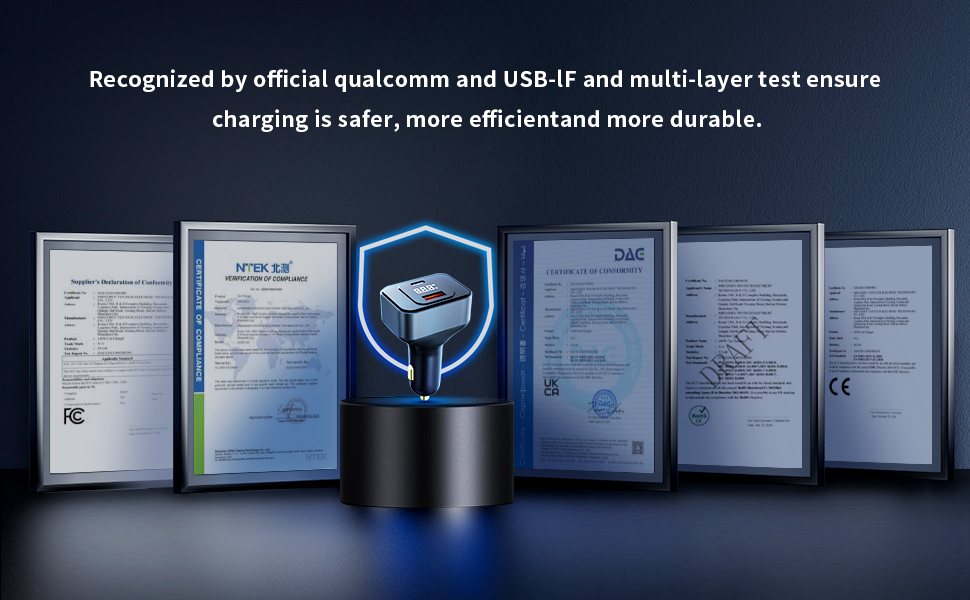 Display of multiple certification documents and USB-IF certification papers arranged around a black cylindrical device with blue illuminated icon.