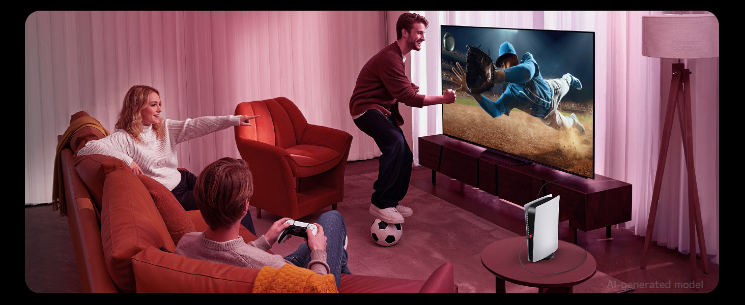Indoor scene showing two people sitting on red couch watching screen in burgundy-toned living room with purple-lit walls and entertainment setup visible.