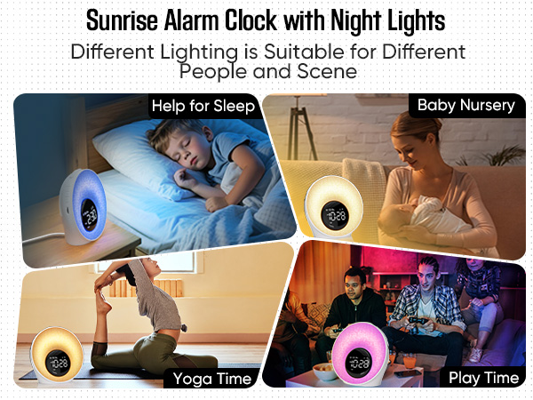 Text reads 'Sunrise Alarm Clock with Night Lights Different Lighting is Suitable for Different People and Scene Help for Sleep Baby Nursery Yoga Time Play Time'. Blue alarm clock shown in four usage scenarios: sleeping child, baby nursery, yoga practice, and playtime settings.
