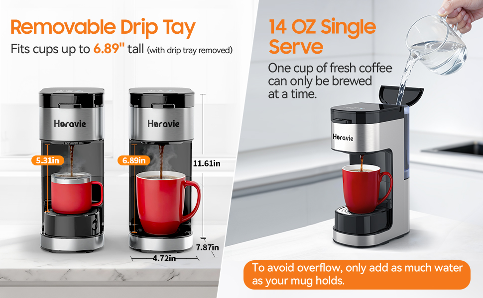 14oz Single Serve Coffee Maker Fits cups up to 6.89in tall(with drip tray removed)