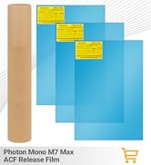 Text reads 'Photon Mono M7 Max ACF Release Film'. Layered blue and white protective film sheets stacked in cascade arrangement with yellow instruction labels. Cardboard tube packaging shown on left side.