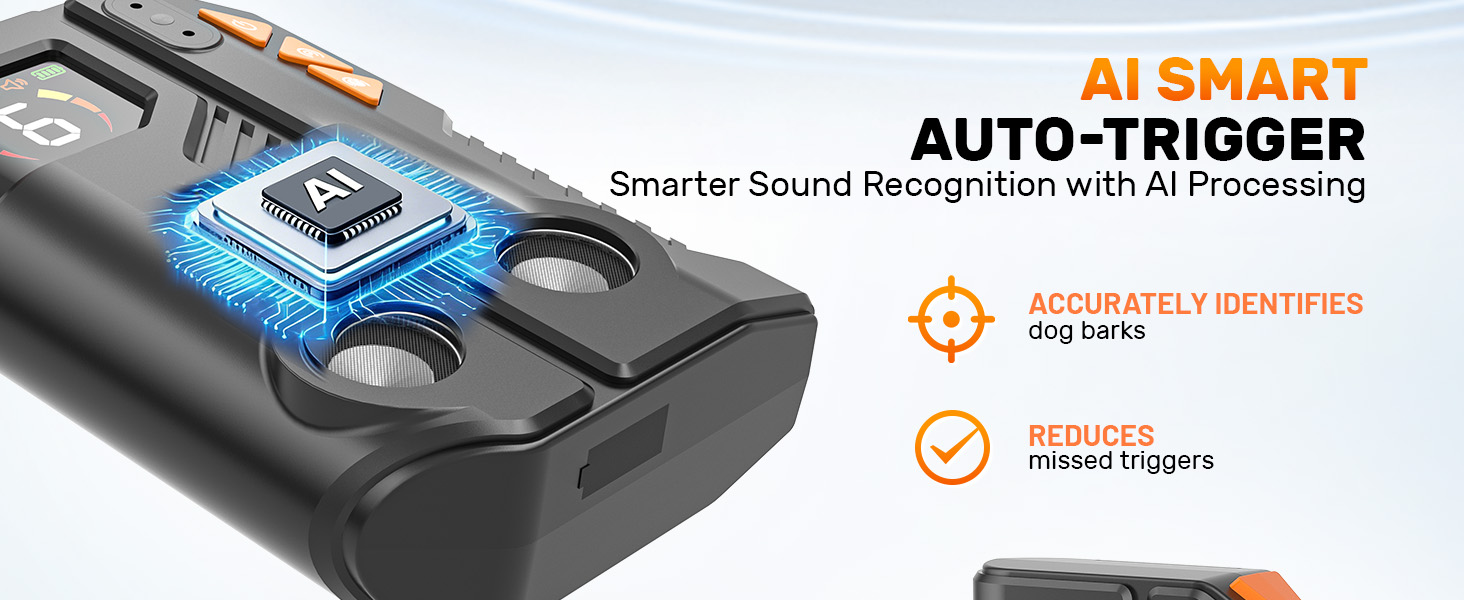 Text reads 'AISMART AUTO-TRIGGER Smarter Sound Recognition with AI Processing'. Close-up of black electronic device with blue LED display and control buttons.