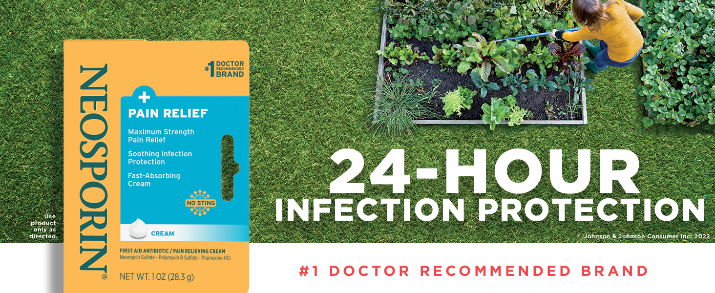 Neosporin + Pain Relief packaging over an image of a woman gardening