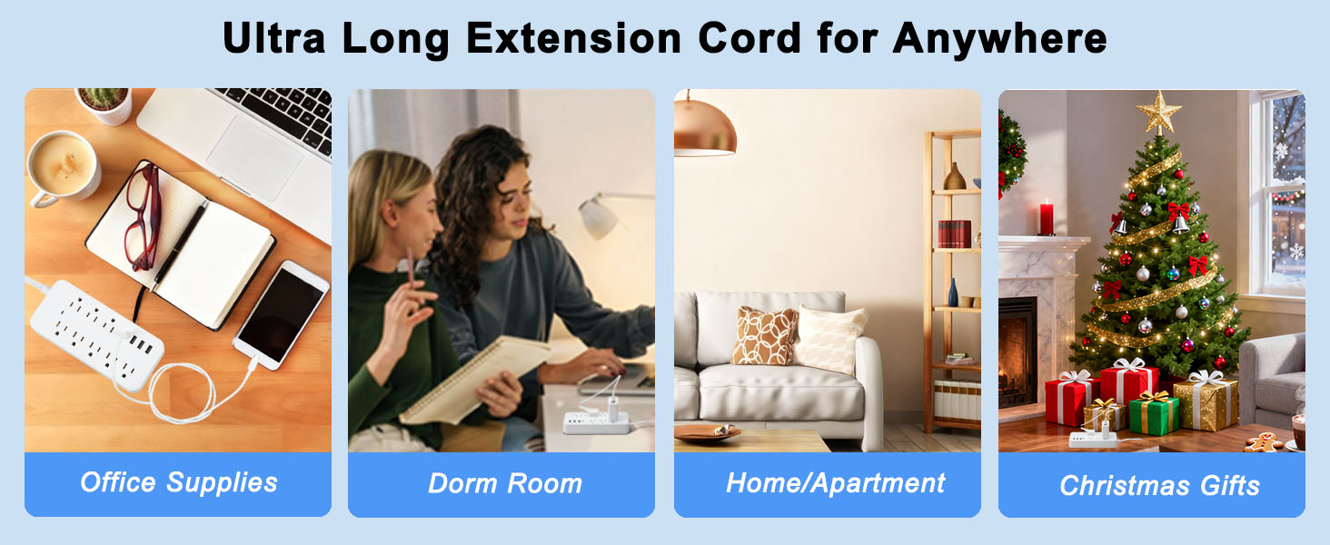 Surge Protector Power Strip Christmas decorations 15 20 25 12 FT Flat Extension Cord Multiple Outlet