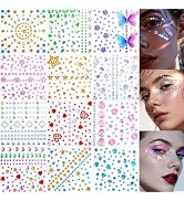 Face Gem Stickers,12 Sheets Self-Adhesive Face Rhinestones for Makeup,Acrylic Bling Decorative Di...