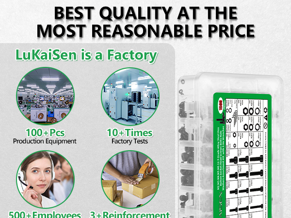 Factory infographic showing production equipment, employee count, and quality control metrics with circular photo panels and green text highlights.