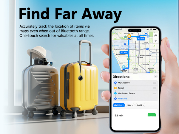 Text reads 'Find Far Away'. Mobile app interface screenshots showing navigation or location-finding features with blue and white color scheme.